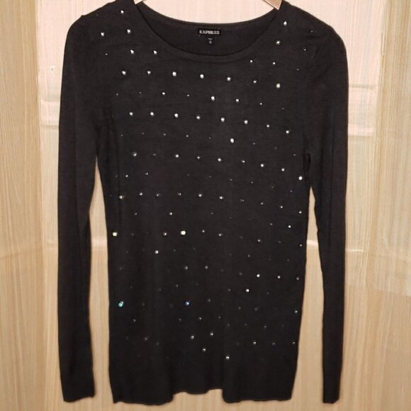 Express Womens Grey Rhinestone Sparkle Sweater Medium - Picture 1 of 5
